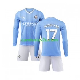 Camisolas de futebol Manchester City Kevin De Bruyne 17 Criança Equipamento Principal 2023/24 Manga Comprida